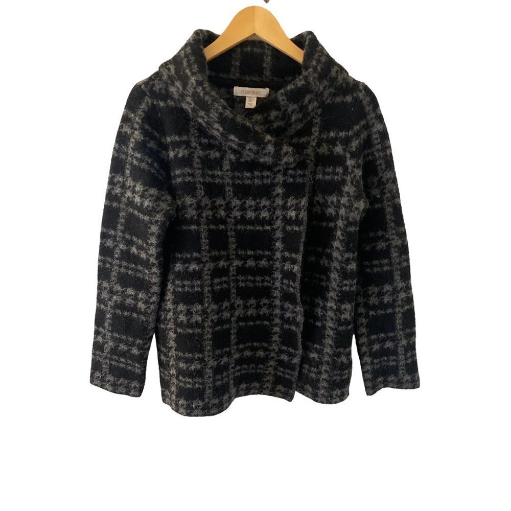 ELLEN Tracy Shawl Collar Black & Grey Wool Blend Cardigan Size L